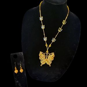 Stunning Handmade Golden Jeweled Butterfly Necklace + Earrings 2pc Set